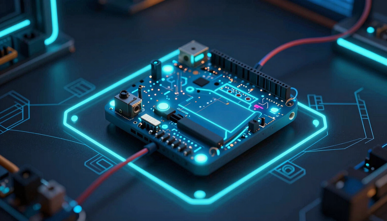 Macro shot of physical computing setup with glowing teal and deep blue neon lighting, Arduino board with connected wires on a dark lab desk