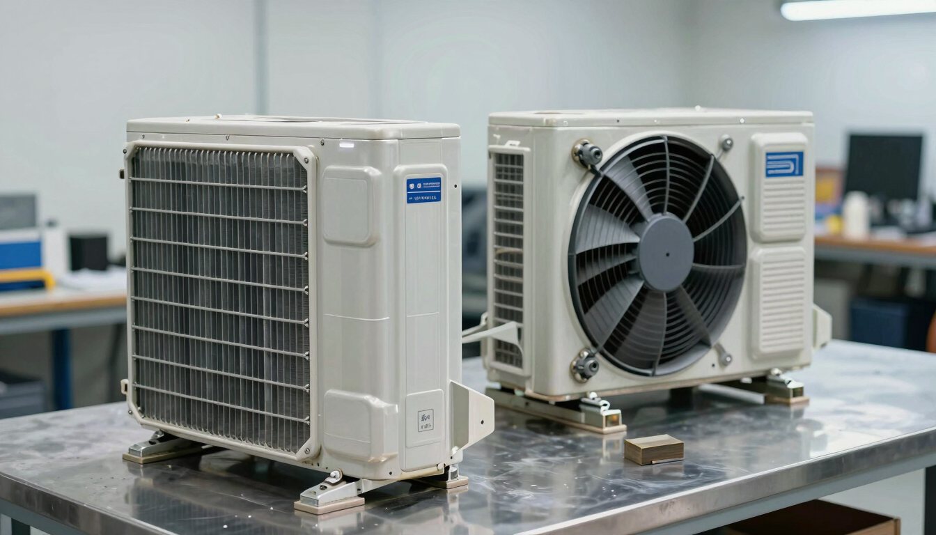 Wide-angle view of a disassembled window air conditioner on a clean metal workbench, highlighting the aluminum evaporator coils and fan assembly under bright utility lighting.
