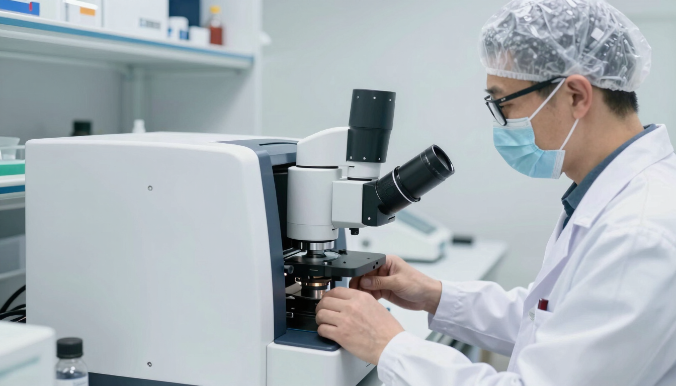 A professional scientist in a clean white lab coat operating high-precision chromatography equipment, sterile lab setting, bright clinical lighting, 35mm lens