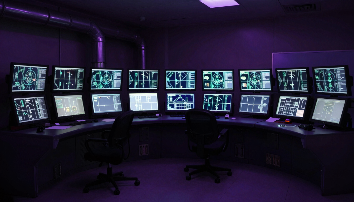 Wide angle photo of a dark pipeline control room, glowing SCADA monitor light, operator screens showing technical schematics, deep purple and midnight tones, sharp technical details, 35mm lens