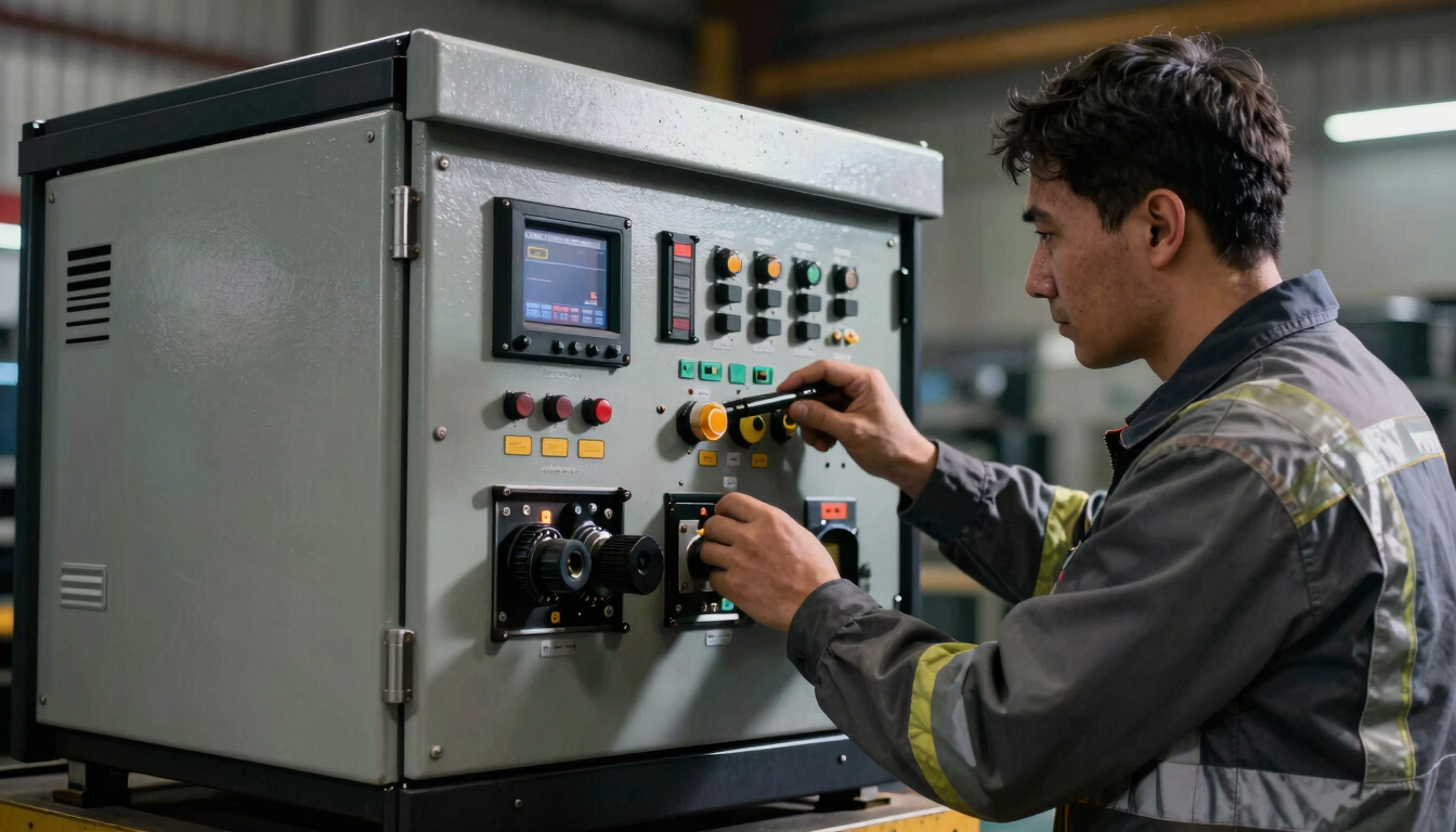 Sharp industrial photography of a field service engineer in safety gear testing a generator control panel, dramatic high-contrast workshop lighting, metallic steel and charcoal tones, 50mm lens