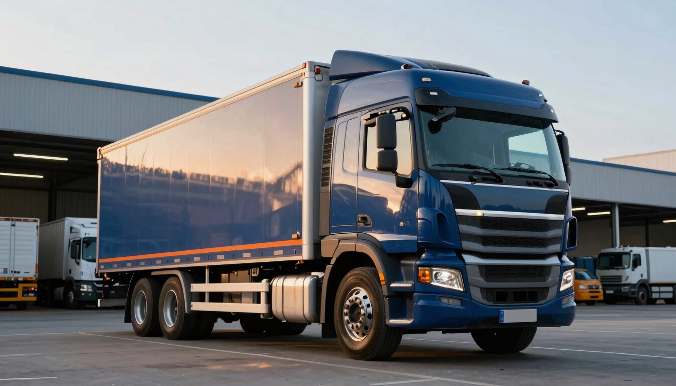 A low-angle heroic shot of a clean commercial semi-truck parked in a modern logistics hub, organized cargo bays in the background, sharp golden-hour light