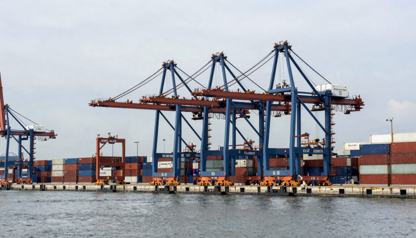 Wide panoramic view of stacked container terminal at a deep-water port, massive container cranes under overcast daylight.