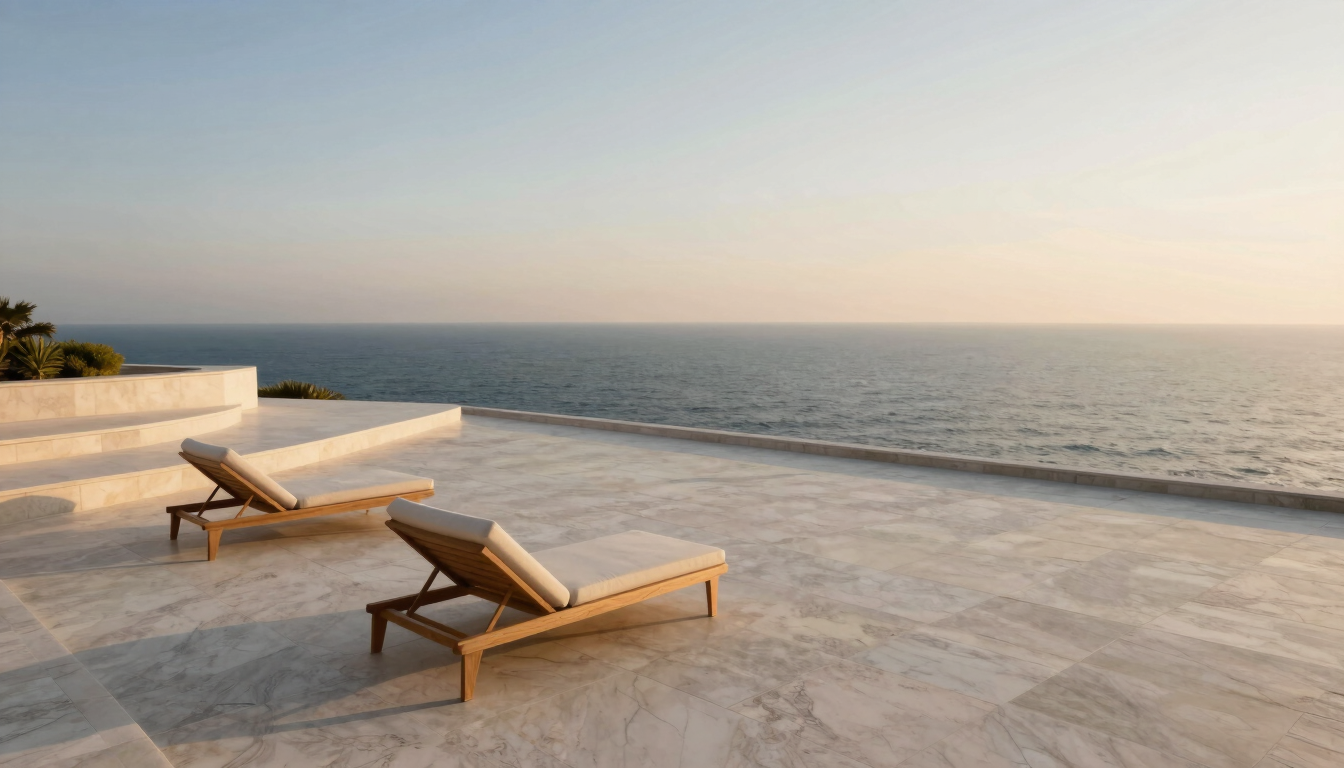 Wide-angle architectural photograph of a travertine terrace meeting the open ocean at golden hour, minimalist outdoor lounge chairs, soft warm light.