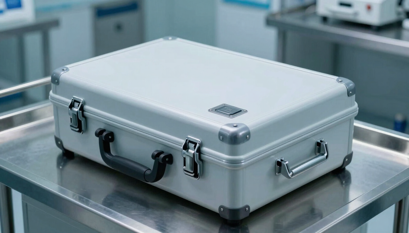 A sealed temperature-controlled medical transport case sits on a sterile stainless steel counter, cool blue-toned clinical lighting, sharp focus on the security seal.