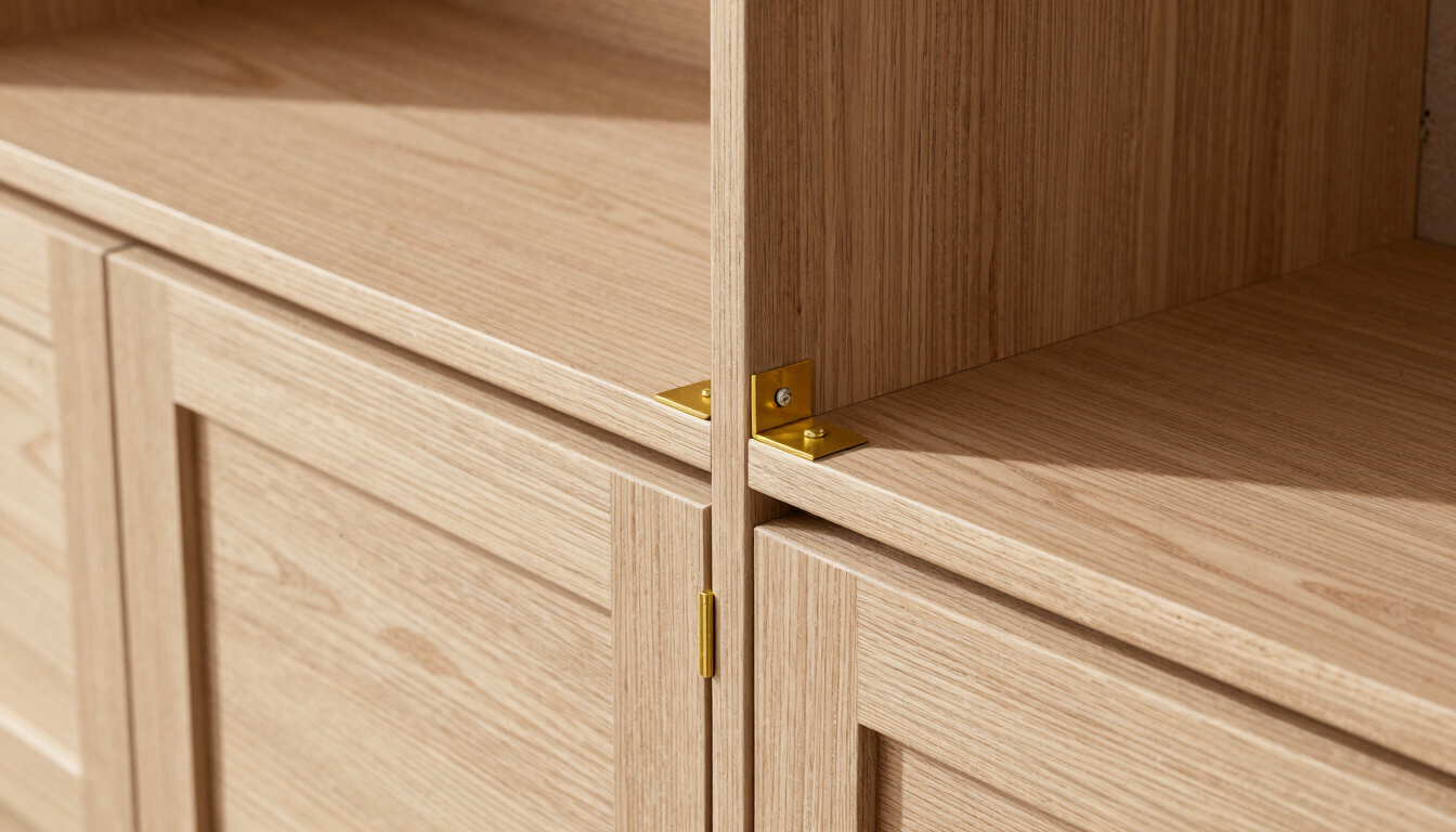 Close-up of precise carpentry joints and brass fittings on a warm oak cabinet, bright natural daylight, crisp architectural details showing construction precision.