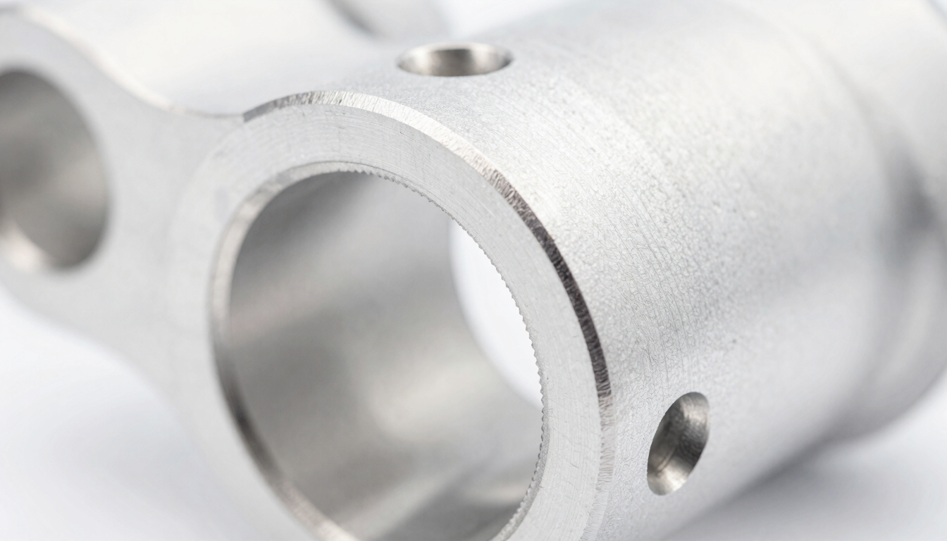 Macro close-up of a pristine machined aluminum aerospace component with complex drill holes, sharp metallic edges, bright high-key lighting, shallow depth of field.