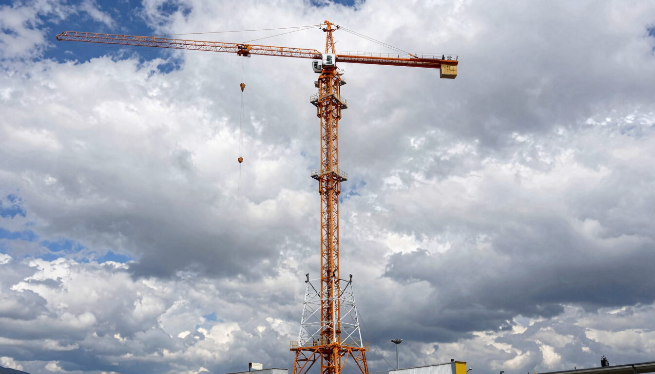 Wide-angle industrial engineering photography of a massive telecommunication tower being assembled by cranes under a dramatic cloudy Andean sky, safety orange accents on equipment.