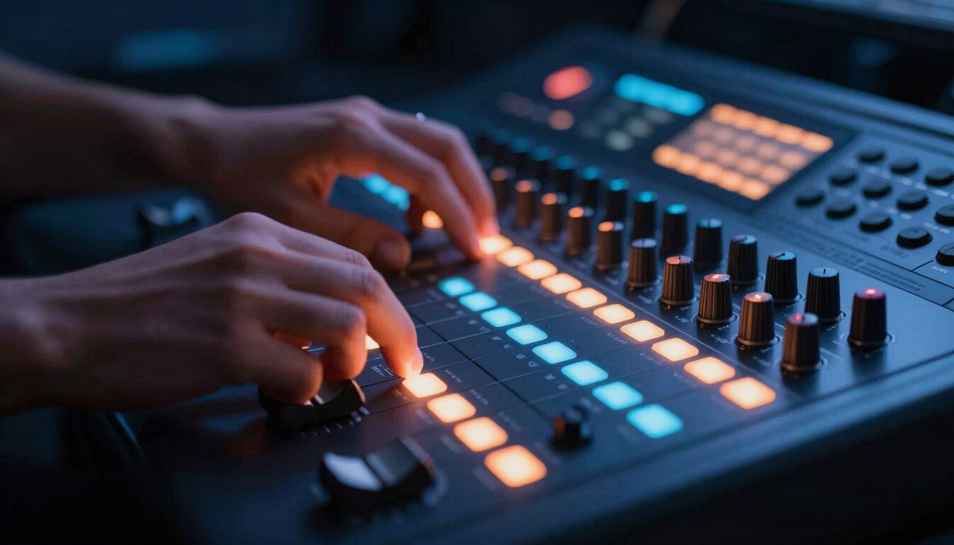 Close-up of hands adjusting a professional color grading console, glowing control knobs, moody dark studio setting