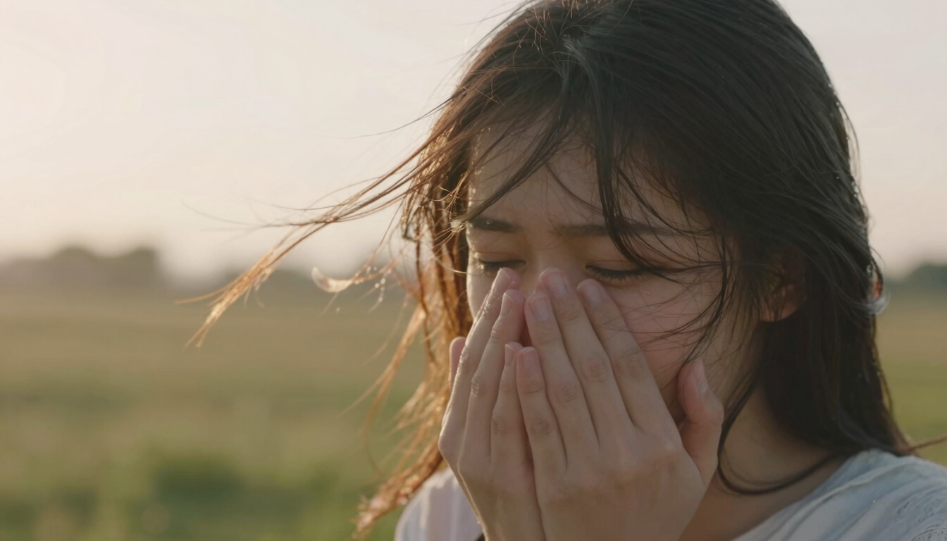 Cinematic close-up of hands holding, wind-blown hair, warm sun flare, soft-focus background of a field.