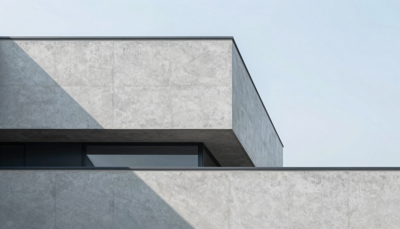 Minimalist modern architectural concrete facade with sharp geometric shadows, bright overcast daylight, cool blue tones, clean lines