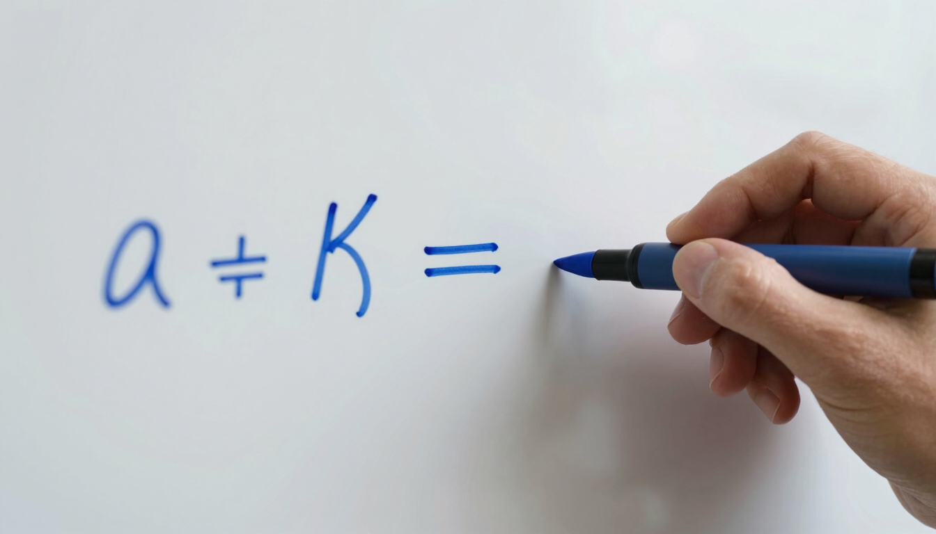 Macro shot of hand-written mathematical derivations on a clean whiteboard, sharp blue marker lines, crisp neutral studio lighting, analytical environment.