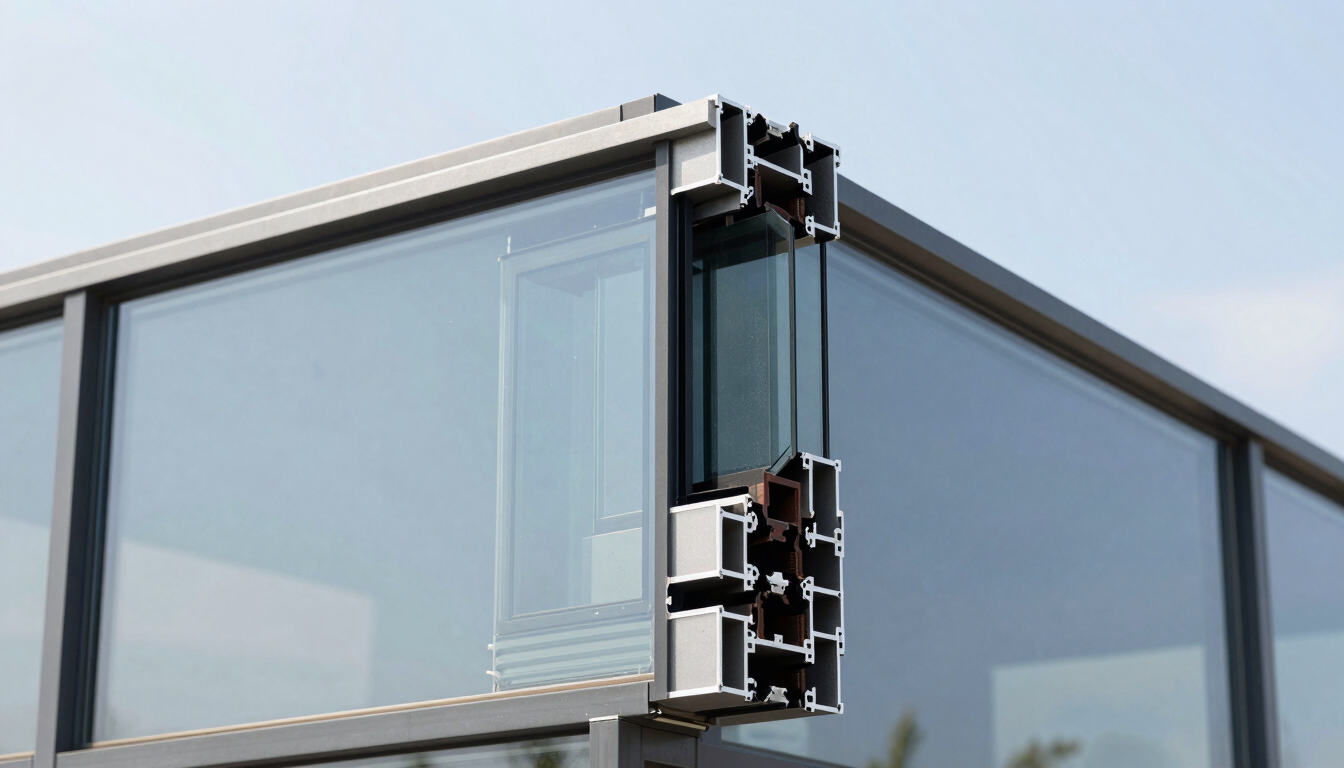 Close-up of a sleek architectural aluminum profile with double glazing glass, bright daylight, sharp reflections, minimalist style