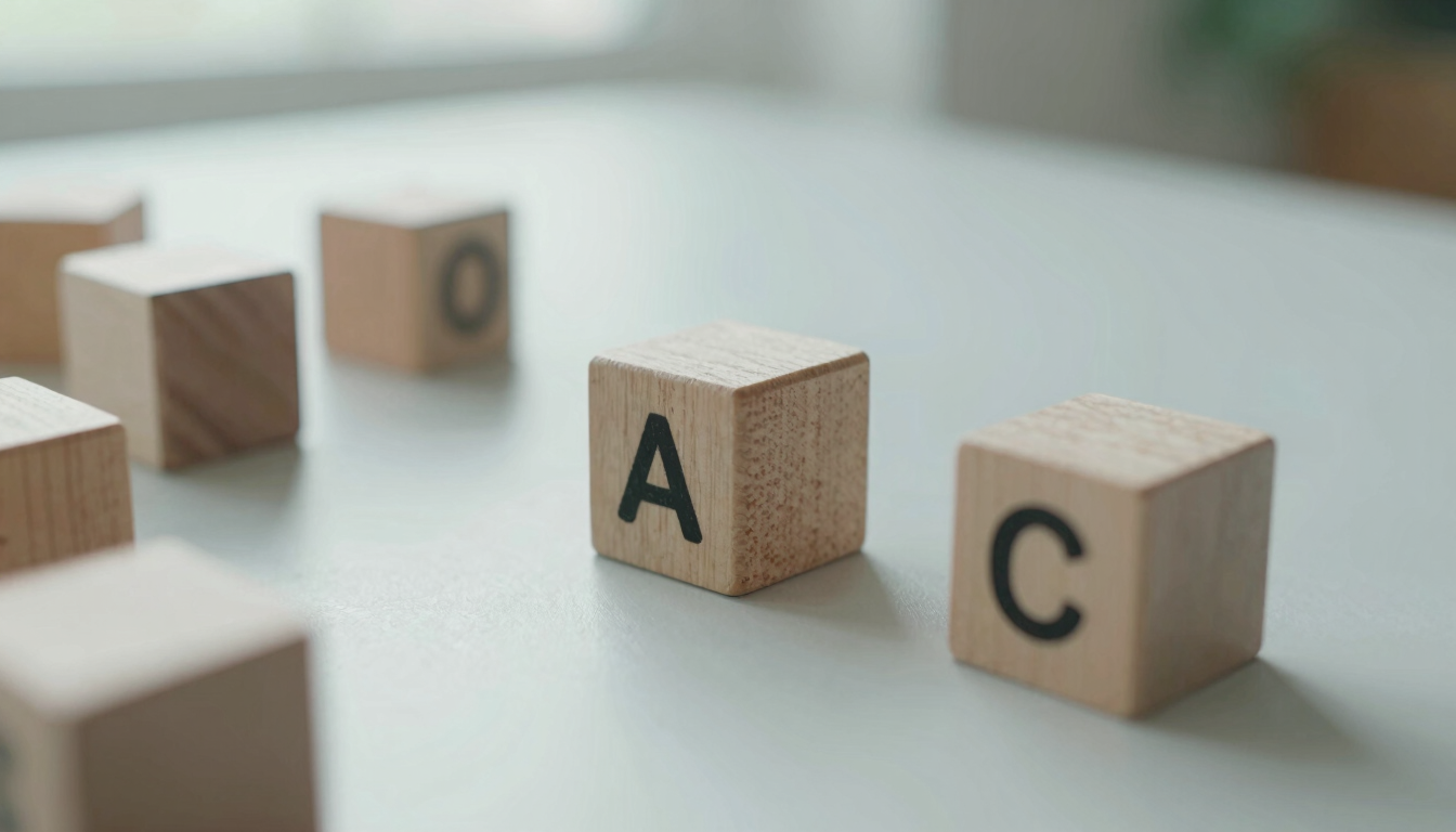 Close-up of wooden cognitive testing blocks on a clean table, soft natural light, shallow depth of field