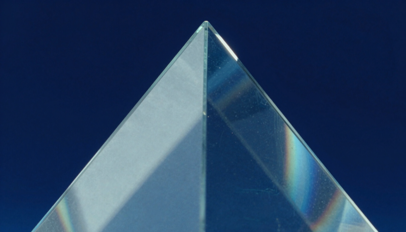 Extreme macro detail of light refracting through a triangular glass prism, cool blue and deep navy shadows, sharp focus, 35mm.