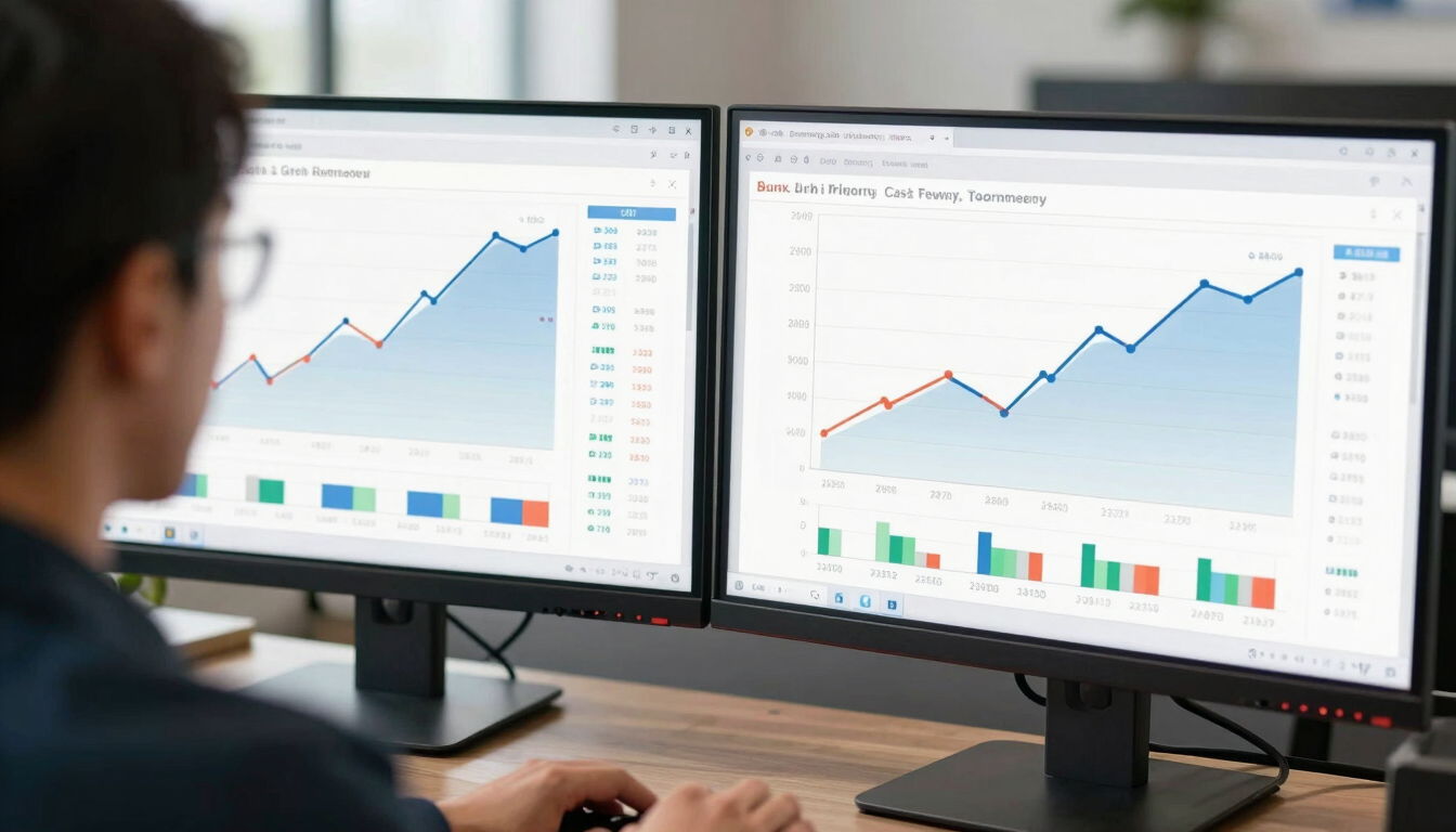 Over-the-shoulder view of a clean financial dashboard displaying cash runway charts on dual monitors under crisp daylight.