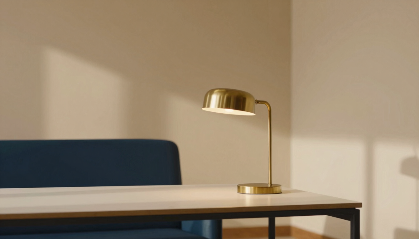 A serene modern office interior with warm sand-colored walls, soft shadows, a clean desk with a single brass lamp, editorial corporate photography, 35mm