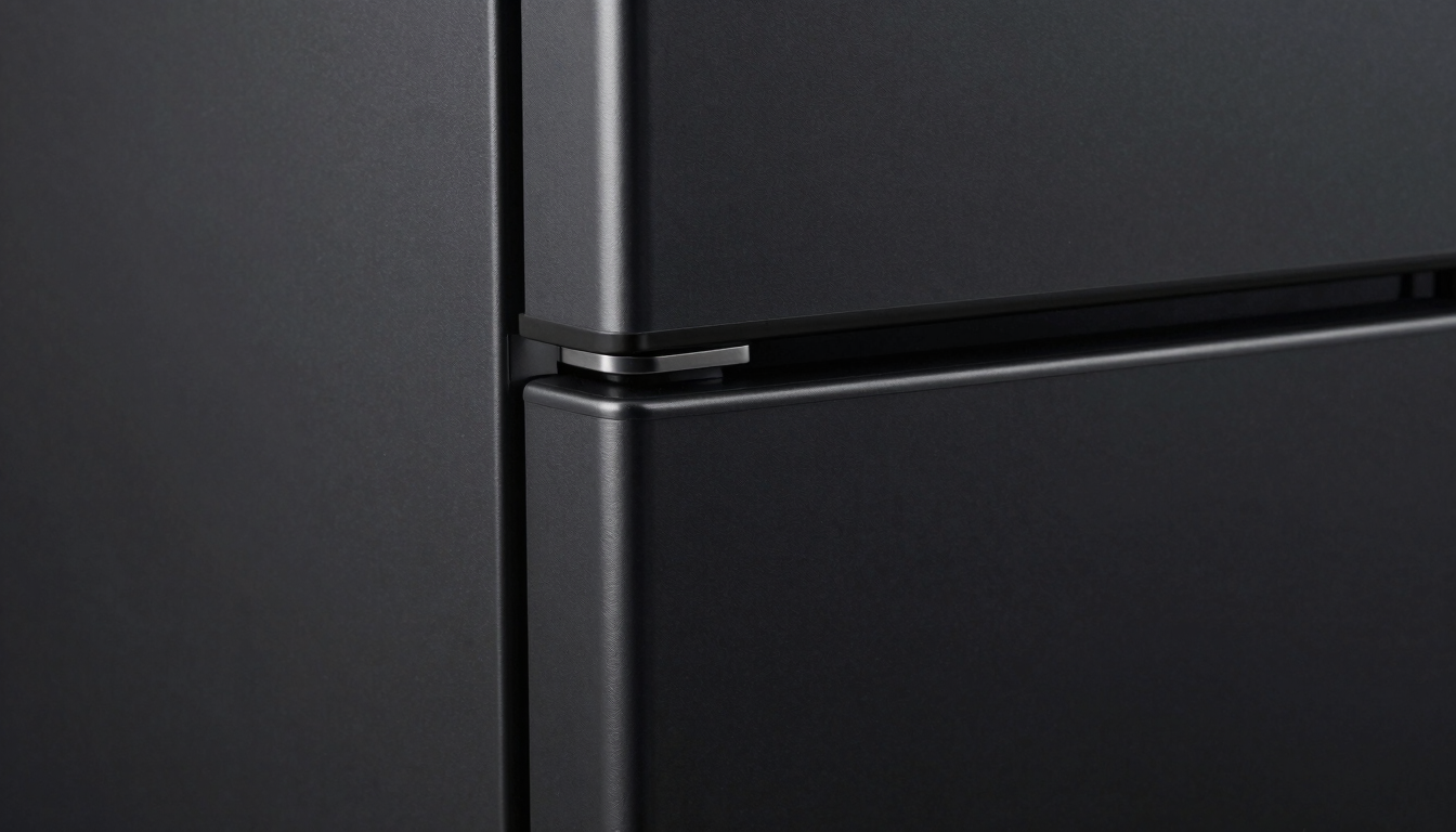 Extreme close-up of a flawless matte black refrigerator corner wrapped in premium automotive vinyl, sharp clean edges, dramatic side lighting highlighting the metallic texture, absolute precision, no bubbles.