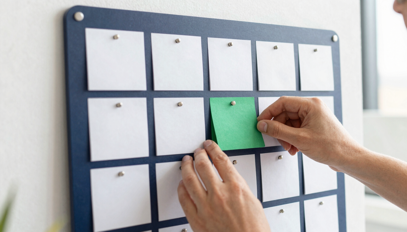Close-up of hands organizing a physical Kanban board with clean notes, bright natural daylight, modern workspace
