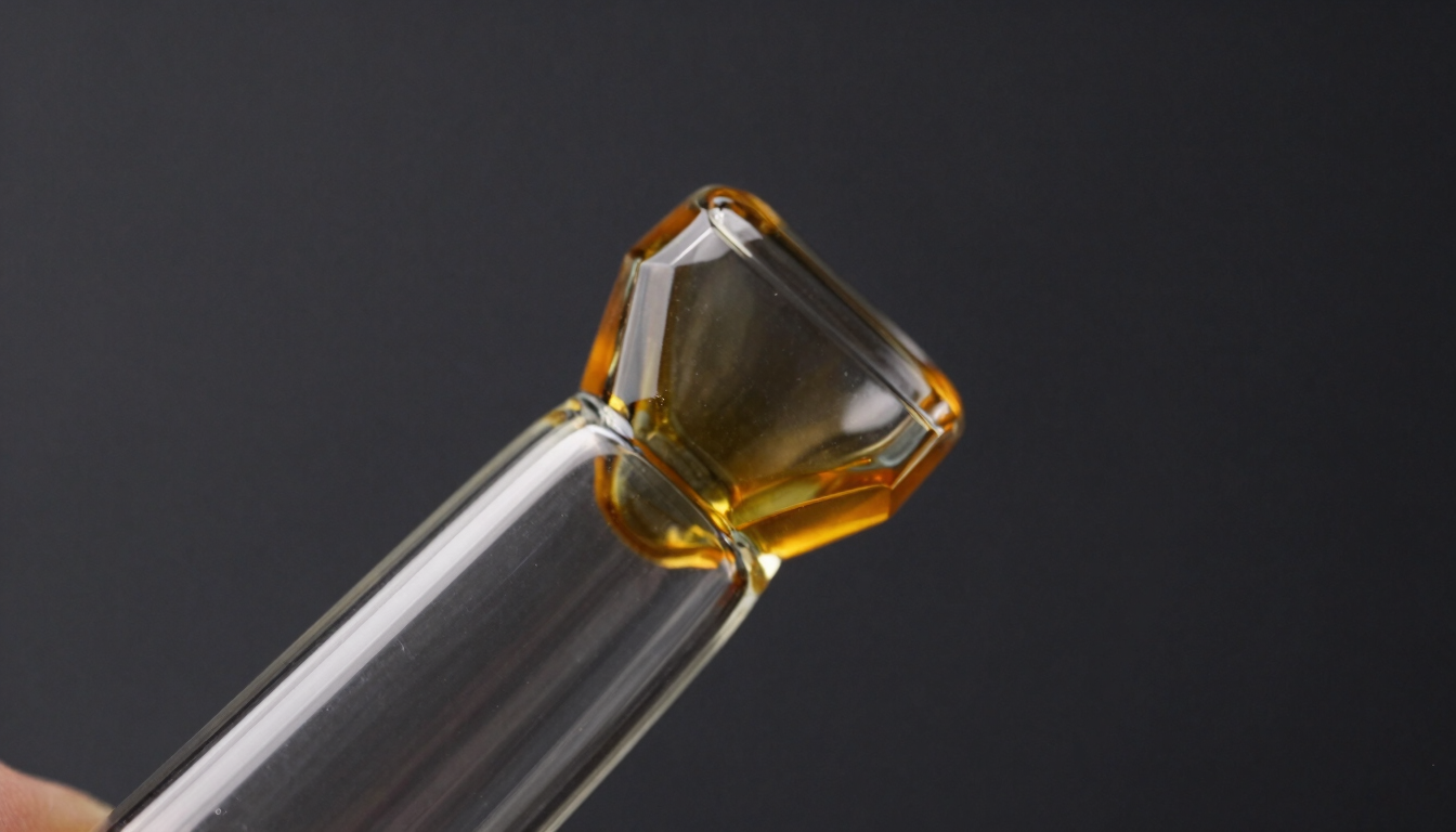 Macro close-up of geometric hand-blown glass pipe, clean lines, dark charcoal background, warm amber accent lighting, sharp focus, high contrast
