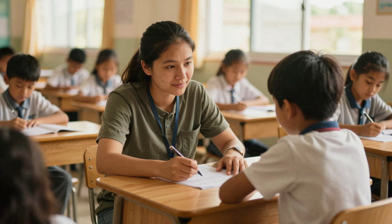 Candid medium shot of a volunteer mentoring a young student in a warm, sunlit classroom, natural light, authentic community workshop setting