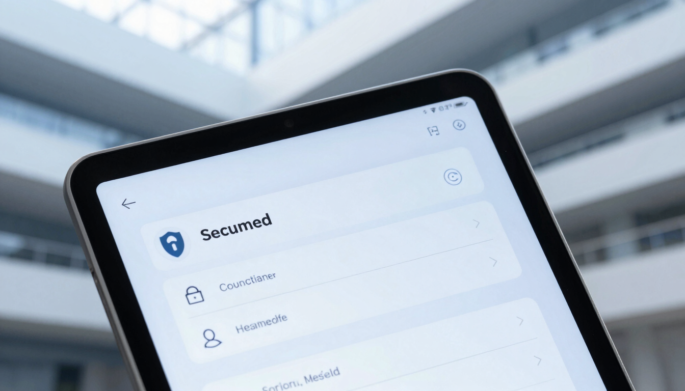 Macro shot of a high-quality corporate tablet showing security settings, cool blue tones, soft studio light, architectural lines