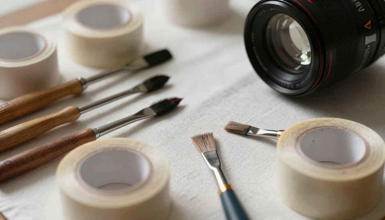 Extreme close-up of neatly organized professional painting tools and rolls of tape on a clean canvas drop cloth under natural light.