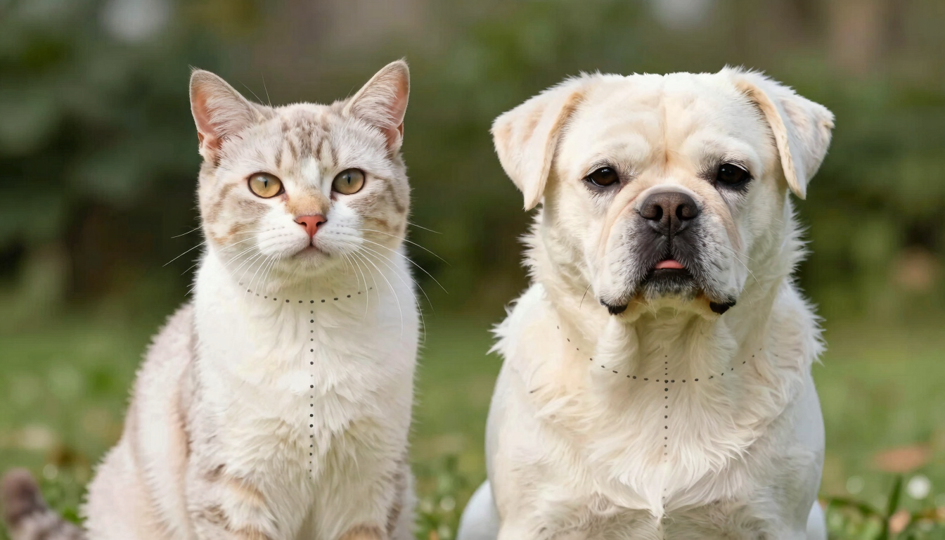 Bright studio portrait of a calm cat and dog side-by-side, with subtle graphic overlays showing measurement dotted lines around neck, chest, and back.