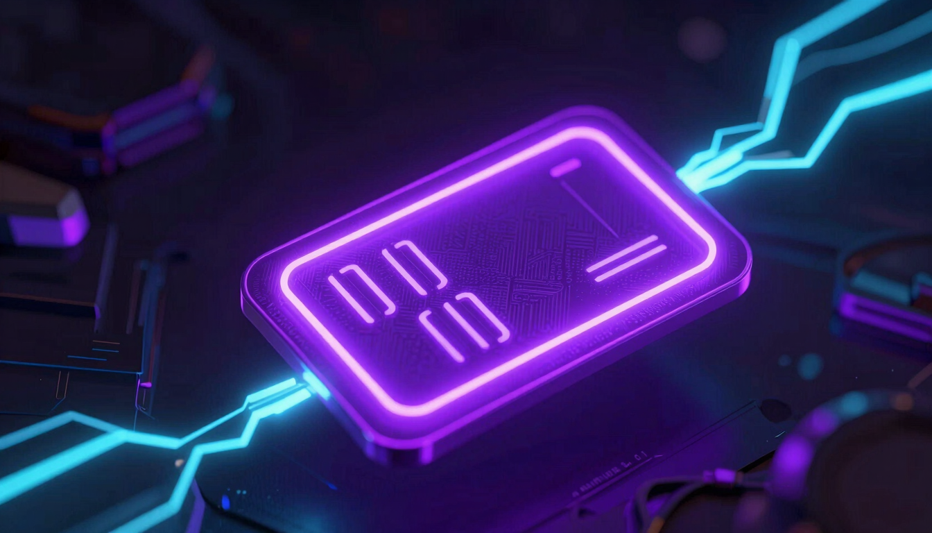 Dramatic macro 3D render of a glowing neon purple digital keycard floating in a dark obsidian space, electric cyan light trails, high-tech interface lines, ultra-detailed.