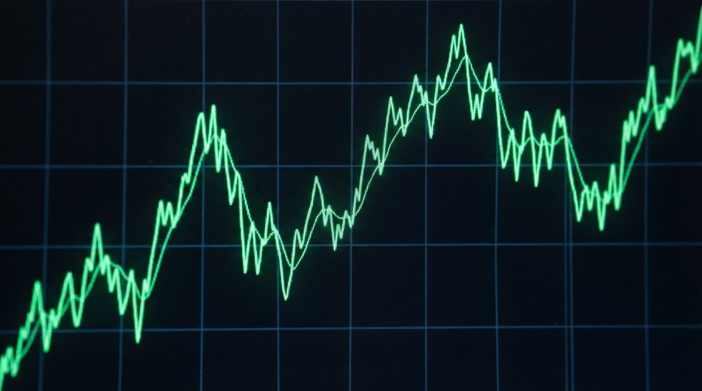 Close-up of a glowing green vector line chart on a dark terminal screen, cool blue grid lines, high contrast, sharp focus, 16:9 aspect