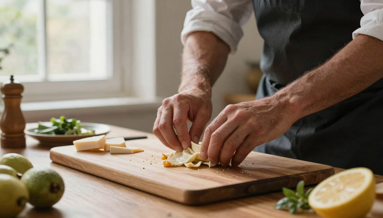 Manos de un cocinero trabajando con ingredientes frescos bajo luz natural de ventana, estilo escandinavo, enfoque en texturas gastronómicas reales.