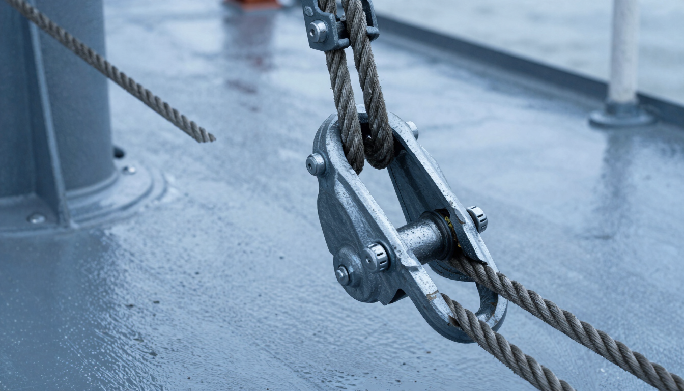 Close-up of heavy steel rigging equipment, thick braided wire ropes and industrial shackles on a wet metal deck, cool steel-blue tones, overcast daylight