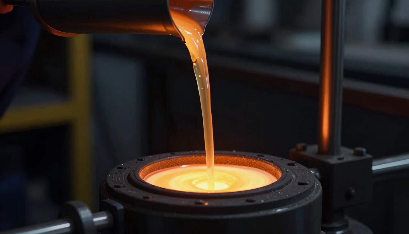 Macro shot of molten glass being poured in a dark industrial facility, glowing orange highlights, sharp focus, 35mm