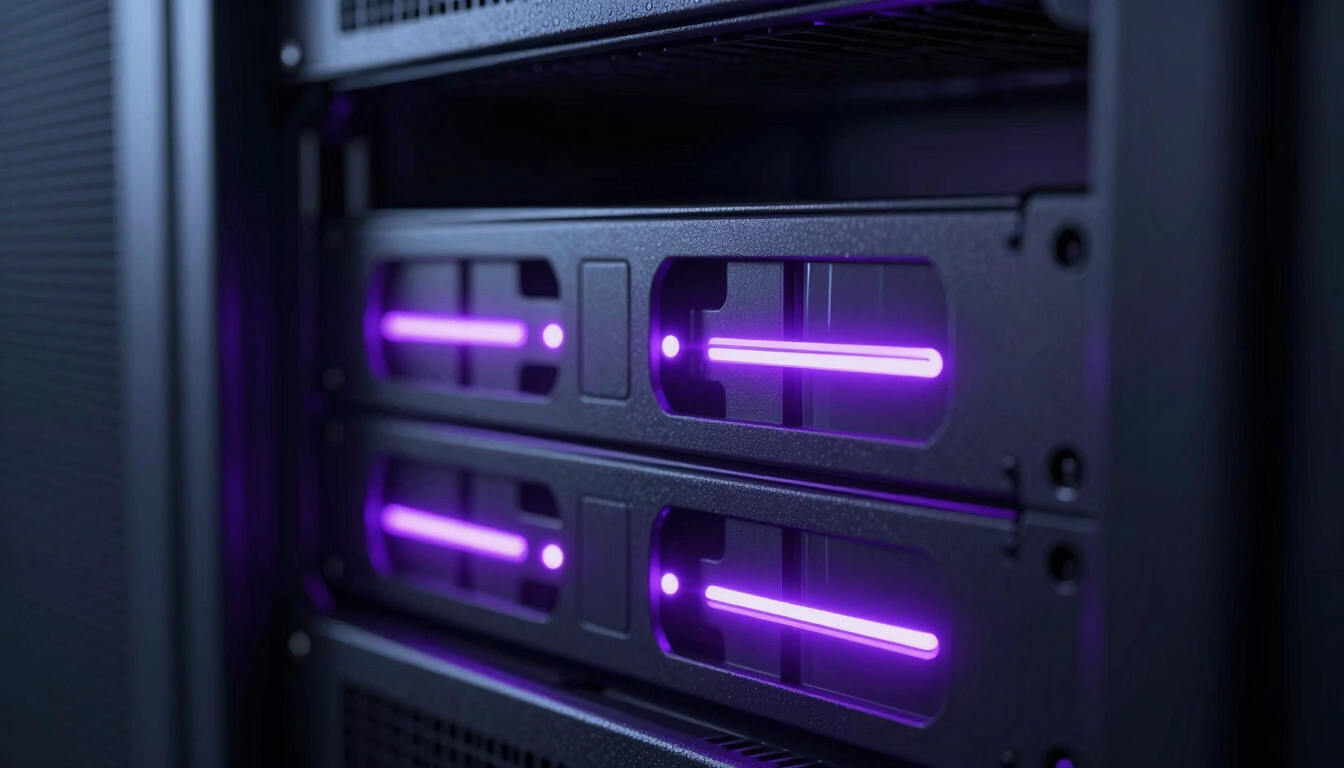 Close-up macro shot of a server rack with glowing neon violet LED indicator lights, deep shadows, futuristic 3D render, cinematic depth of field