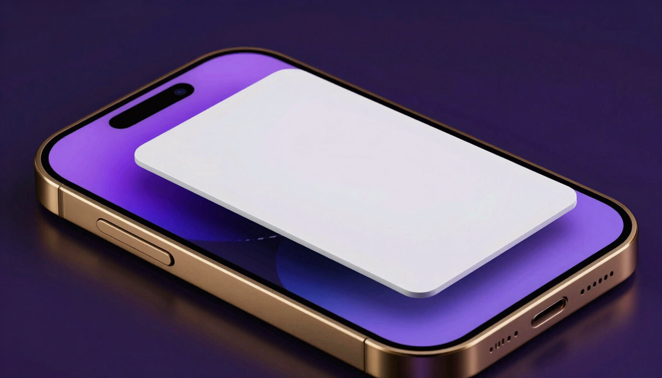 Sleek mobile phone mockup showing a premium gold-trimmed card hand on the screen, reflecting dramatic purple studio light, macro depth of field.