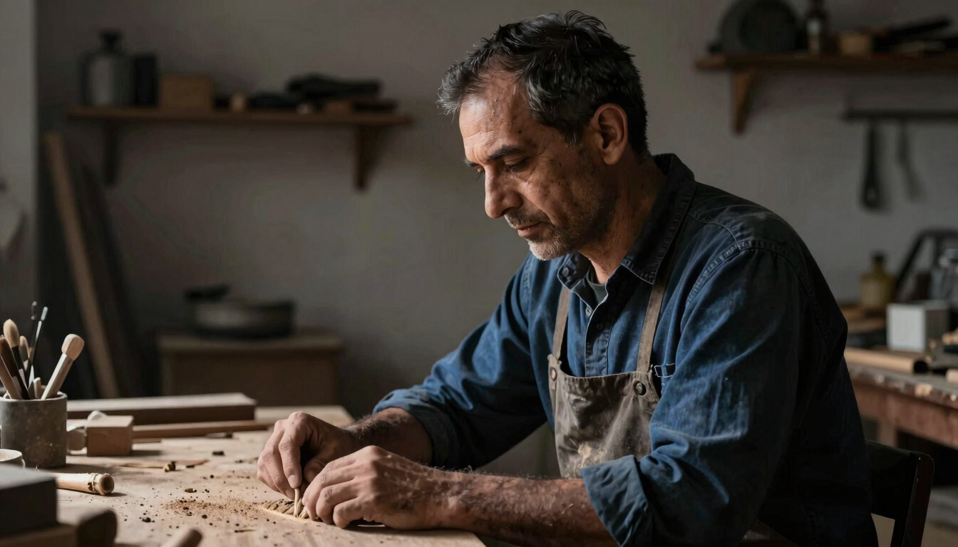 Editorial portrait of a local Spanish craftsman in his workshop, dramatic side lighting, deep shadows, focused expression, authentic environment, high-contrast, desaturated tones, 35mm lens.
