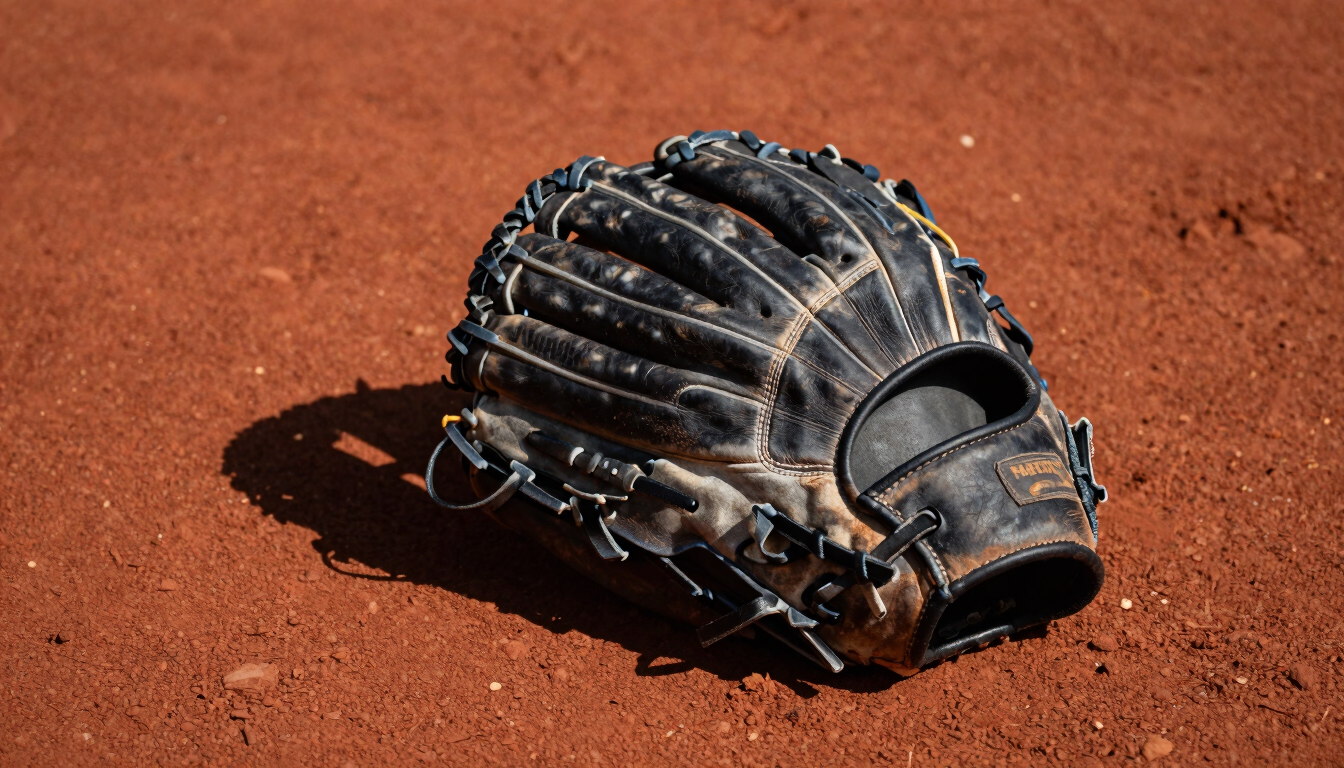 Tight close-up of a worn leather baseball glove resting on red clay, dramatic direct sunlight casting sharp shadows, high-contrast sports photography