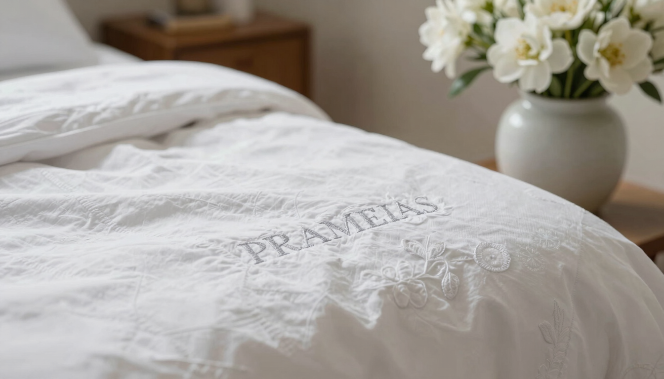 Close-up of premium guest amenities, crisp white linen with embroidered details, fresh white flowers in a subtle ceramic vase, soft natural side lighting.