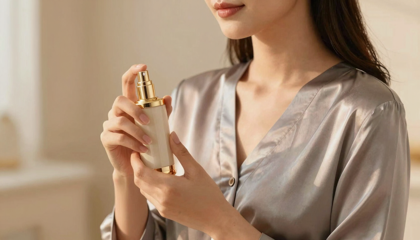 Warm editorial photography of a beautifully styled model in elegant silk attire holding a gold-trimmed spray bottle, soft lighting, shallow depth of field