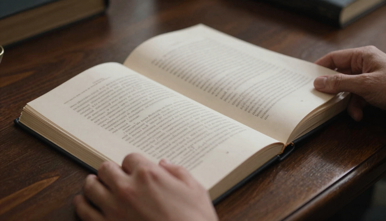 Dramatic low-key side-lit shot of hands reviewing a high-quality printed manuscript on a dark wooden library table, focusing on the texture of the paper.