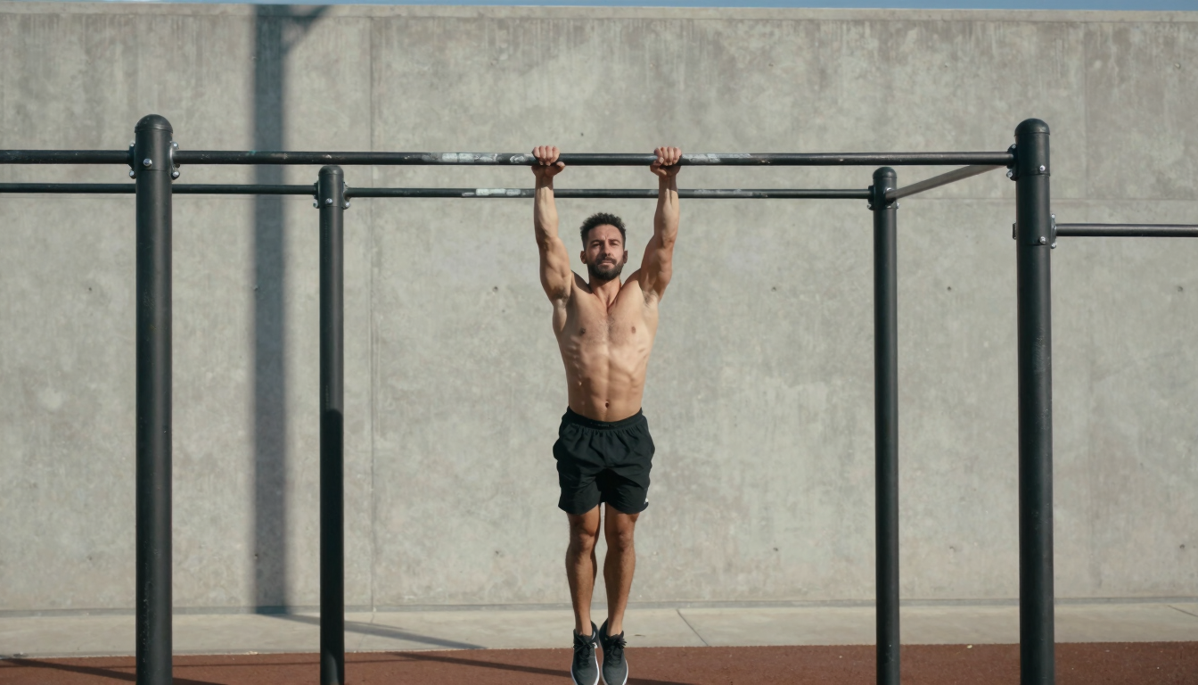 Wide environmental shot of a calisthenics athlete performing a perfect human flag on an outdoor bar, sharp side-lighting, clean minimalist concrete background.