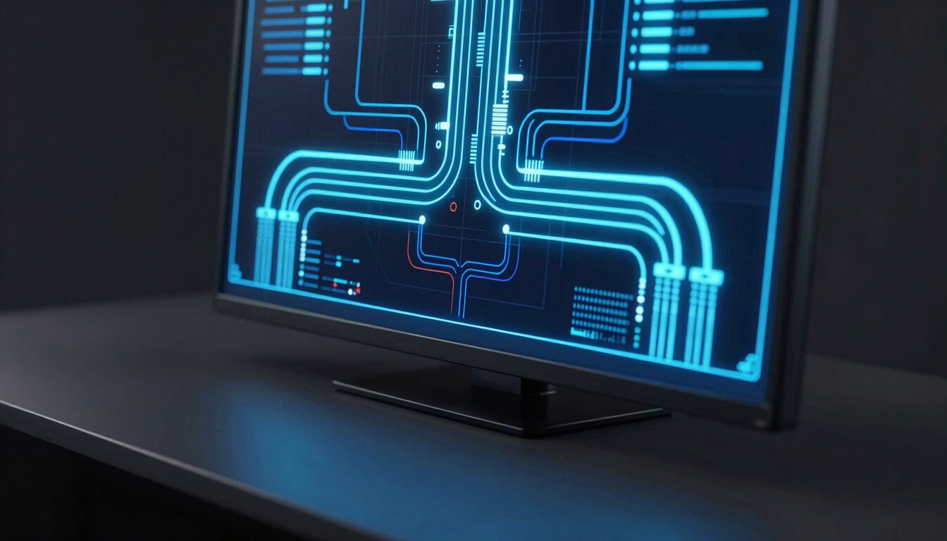 Macro detail shot of a high-end workstation console, glowing neon blue data visualization pipelines on a vertical dark screen, sleek obsidian desk, cinematic studio lighting.