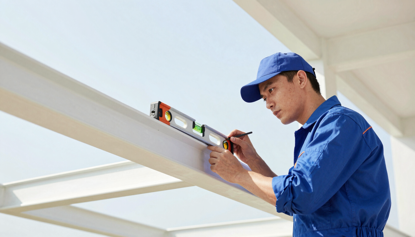 A certified contractor in clean uniform inspecting a structural beam with a digital level, sharp focus on the tool, bright natural daylight