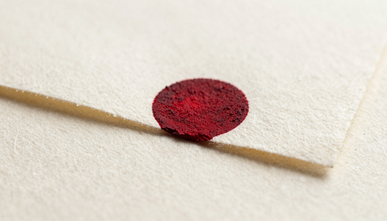Macro close-up of deep Persian madder red ink drying on the textured deckled edge of handmade cotton paper, soft natural side-light, fine art photography