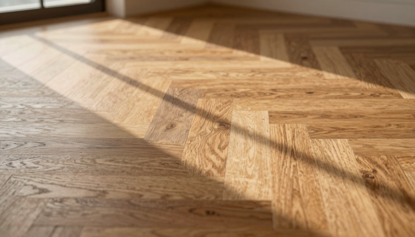 Low-angle floor perspective of a master artisan installing a herringbone pattern with aged oak planks, soft golden hour light casting long shadows across the dust-free wood surface, 35mm
