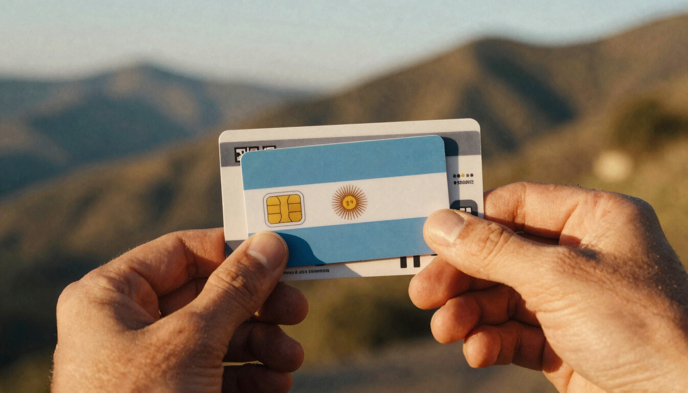 Close-up of hands holding a local Argentine SIM card and a transit pass, warm golden hour sunlight, shallow depth of field, 35mm film look.