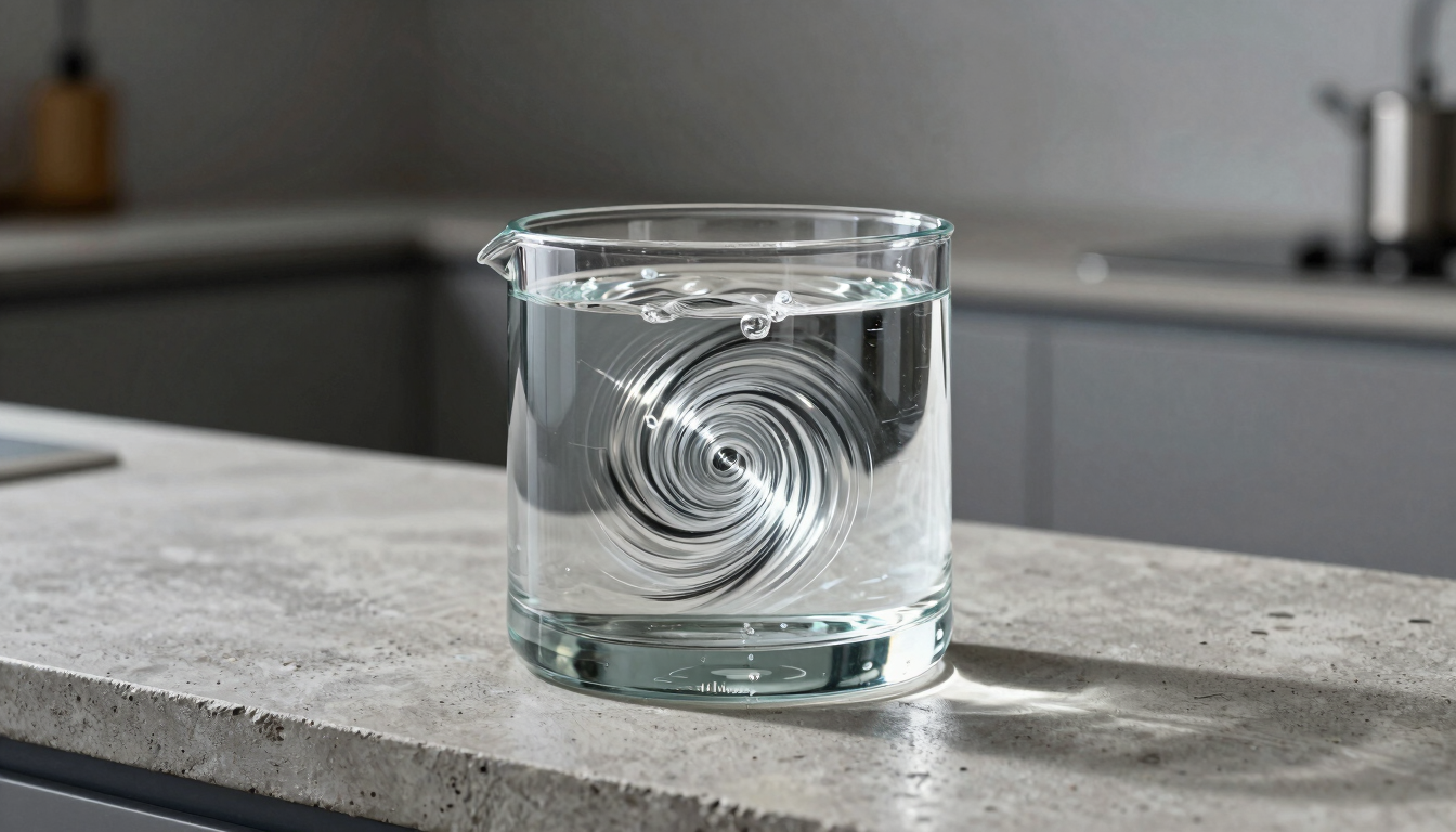Macro studio shot of a sculptural glass water dispenser on a raw concrete kitchen counter, sharp light refractions through spinning water vortex, minimalist architectural setting.