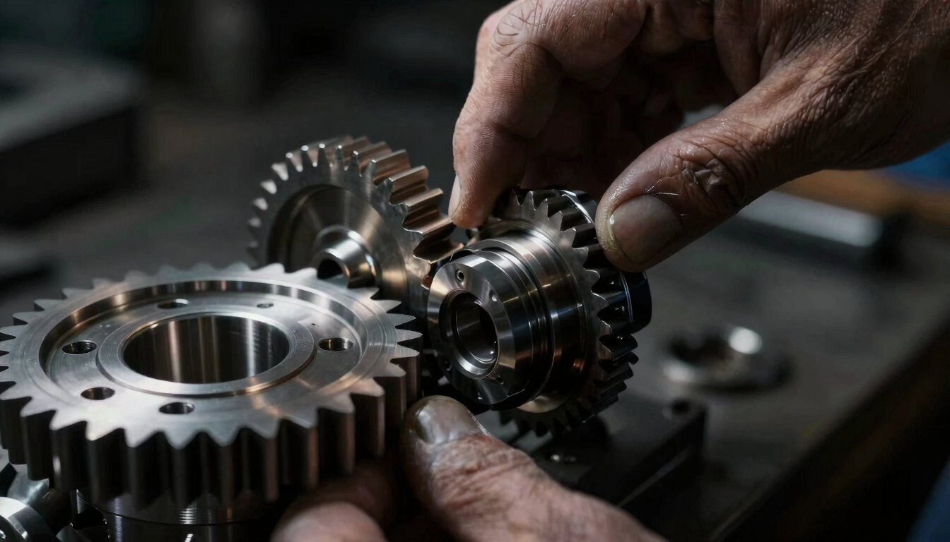 Tight macro shot of a master mechanic analyzing a high-precision metal gear under sharp workshop daylight, metallic highlights.