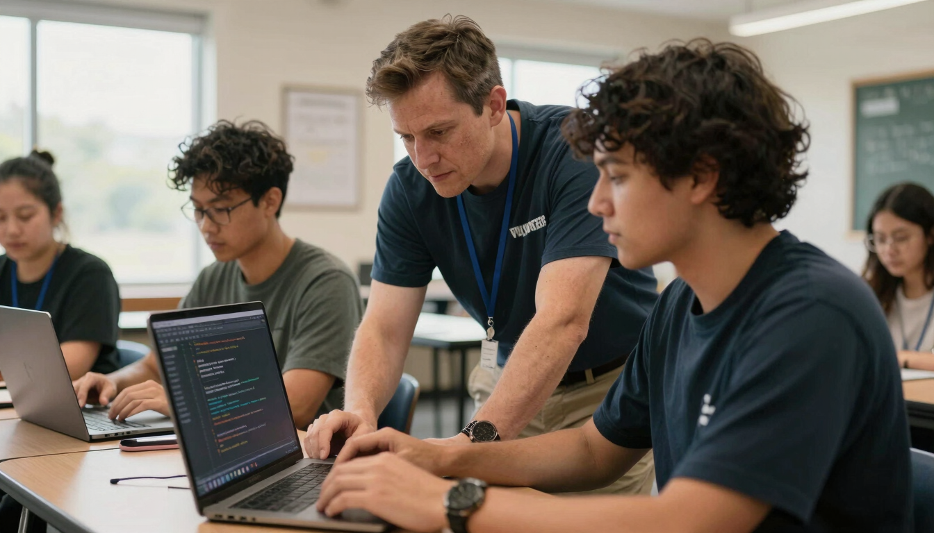 A warm editorial photograph of a local volunteer mentor guiding an adult learner through a coding exercise, bright indoor classroom lighting, 35mm.