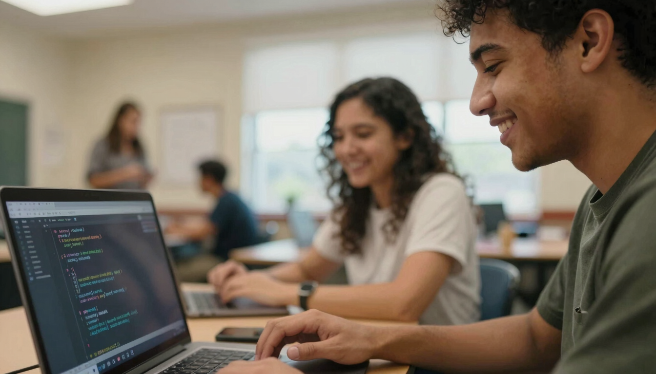 Close-up of an adult student smiling while coding on a laptop, warm indoor classroom lighting, supportive instructor in the background, authentic Fort Wayne community space, shallow depth of field, 35mm.